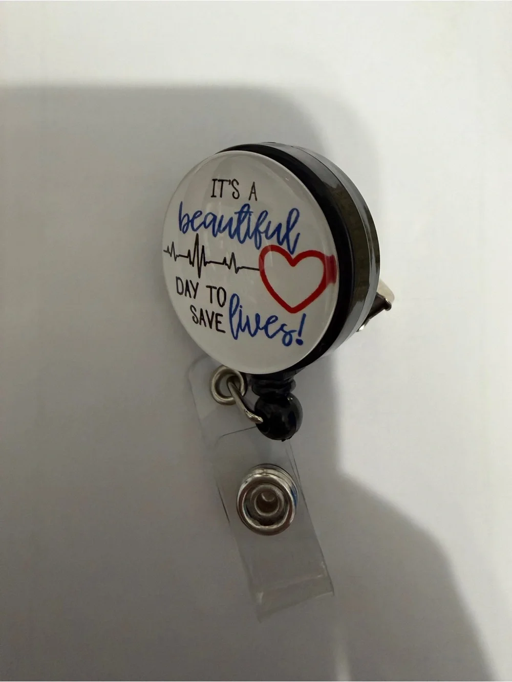 Retractable Badge Reel - White with Red & Blue Heart Design